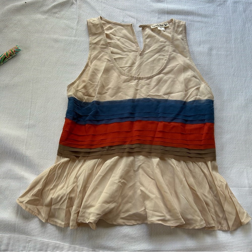 Double Zero Cream Peplum Tank with Blue and Rust Stripes